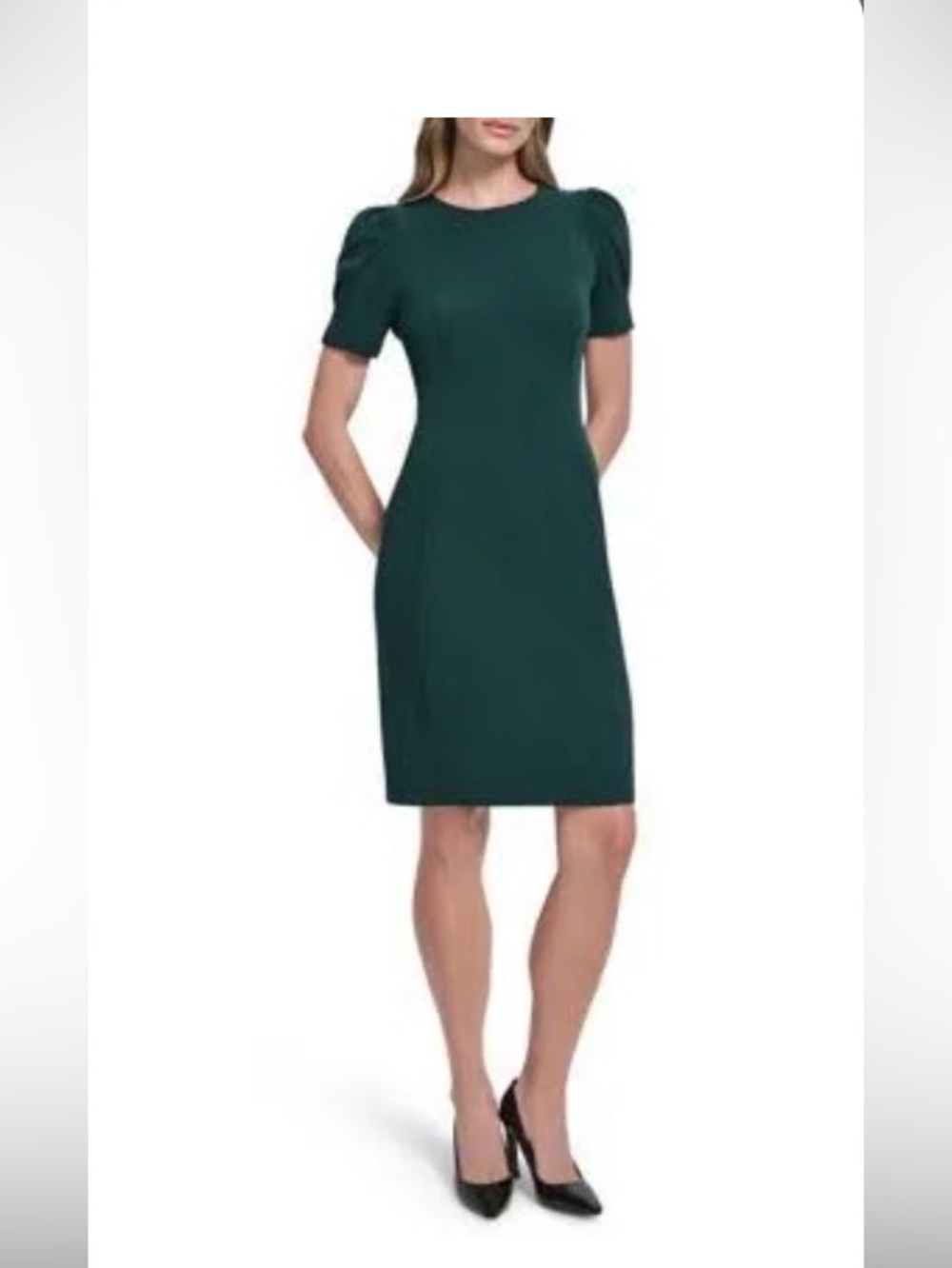 DKNY Deep Teal V-Neck Sheath Dress with Puff Sleeves